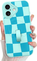 KANGHAR Compatible with iPhone 16 Case, Support for MagSafe, Silicone Checkered Cute Pattern, Wristband Kickstand Camera Protection Soft Slim Cover for Girls Women -Blue
