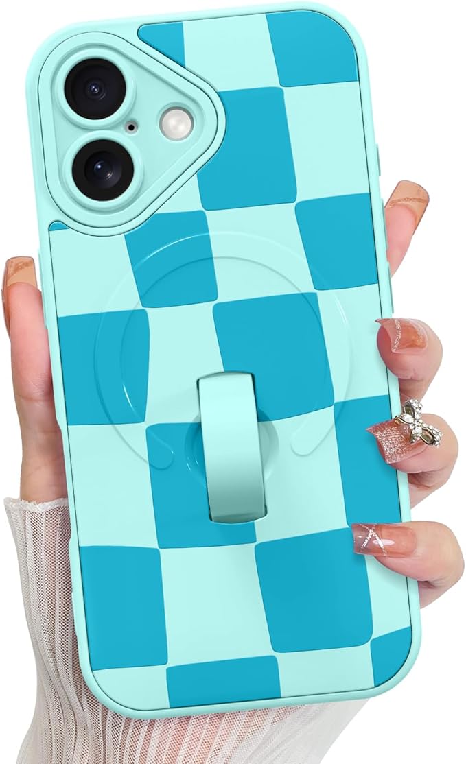KANGHAR Compatible with iPhone 16 Case, Support for MagSafe, Silicone Checkered Cute Pattern, Wristband Kickstand Camera Protection Soft Slim Cover for Girls Women -Blue
