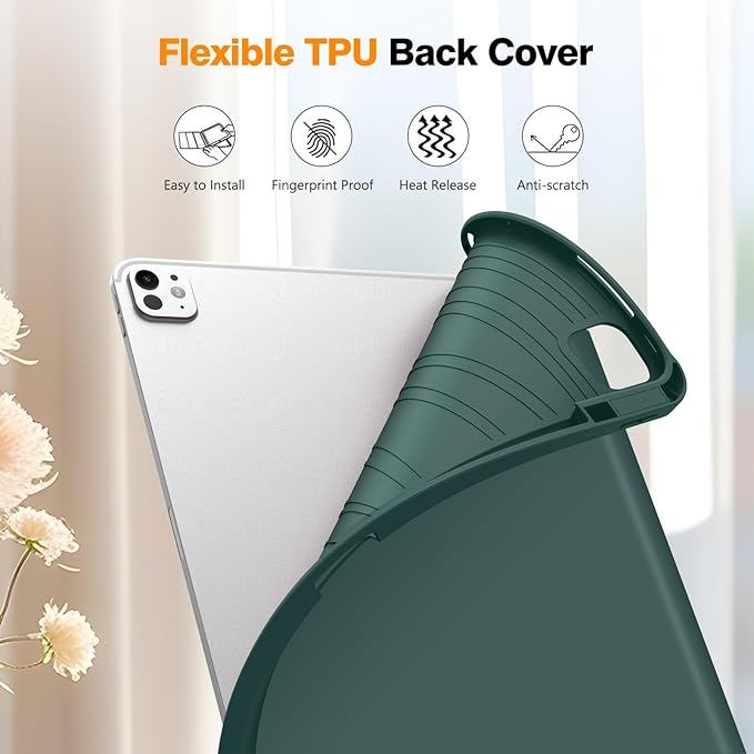 Fintie SlimShell Case for iPad Pro 13-inch (M5) 2025 / (M4) 2024 - [Built-in Pencil Holder] Soft TPU Protective Stand Back Cover with Auto Wake/Sleep, Midnight Green
