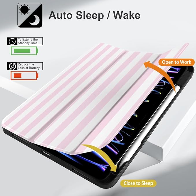DONGKE Case for 2022/2021/2020/2018 iPad Pro 11 inch Gen 4/3/2/1 - Slim Protective Case - Built in Pencil Holder Support Charging - Trifold Stand & Sleep/Wake Cover- Pink Stripes