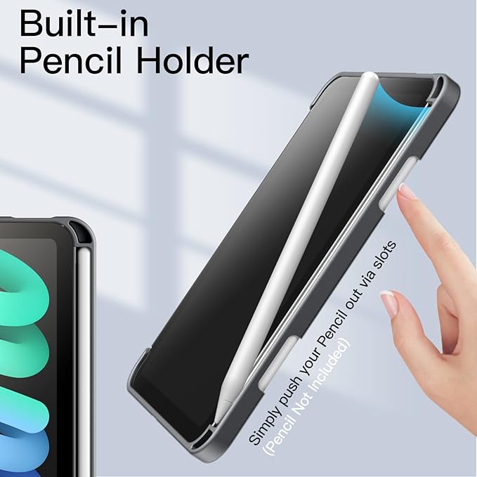 JETech Case for iPad mini (A17 Pro, 2024 Model, 7th Generation) / mini 6 (2021 Model, 6th Generation) with Pencil Holder, Clear Back Shell Slim Stand Tablet Cover, Auto Wake/Sleep (Space Gray)