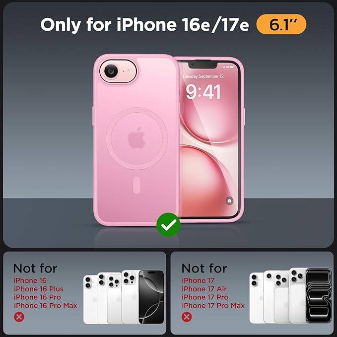 Miracase for iPhone 16e case & iPhone 17e Case for MagSafe [with 2×9H+ Screen Protectors] TOP Military-Grade Protection Shockproof with Velvet Touch for iPhone 16e/17e Phone Case 6.1", Matte Pink