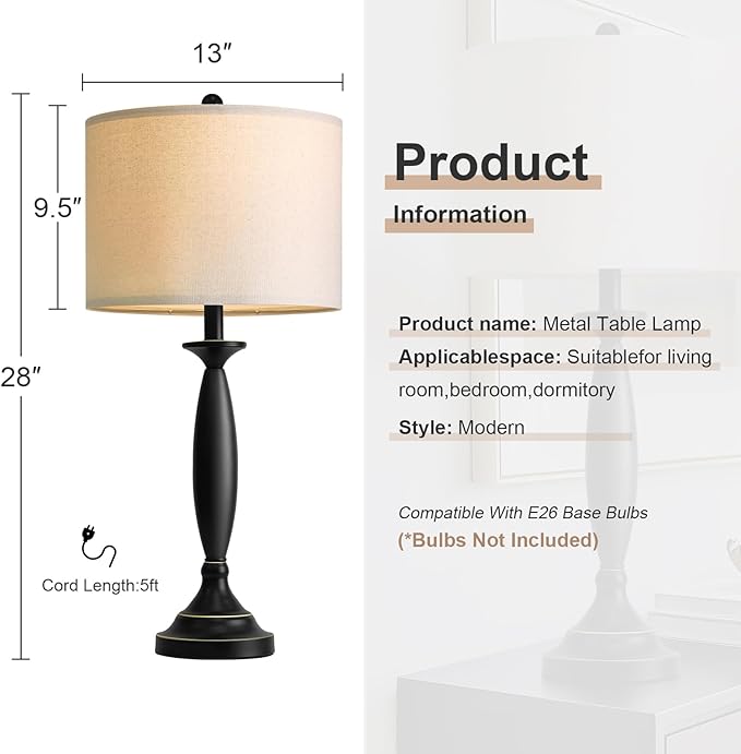 Oneach 28" Modern Table Lamps Set of 2 for Living Room, Black Metal Bedside Lamps with USB Ports, Nightstand Lamps Set for Bedroom End Table Home Office(Bulbs not Included)