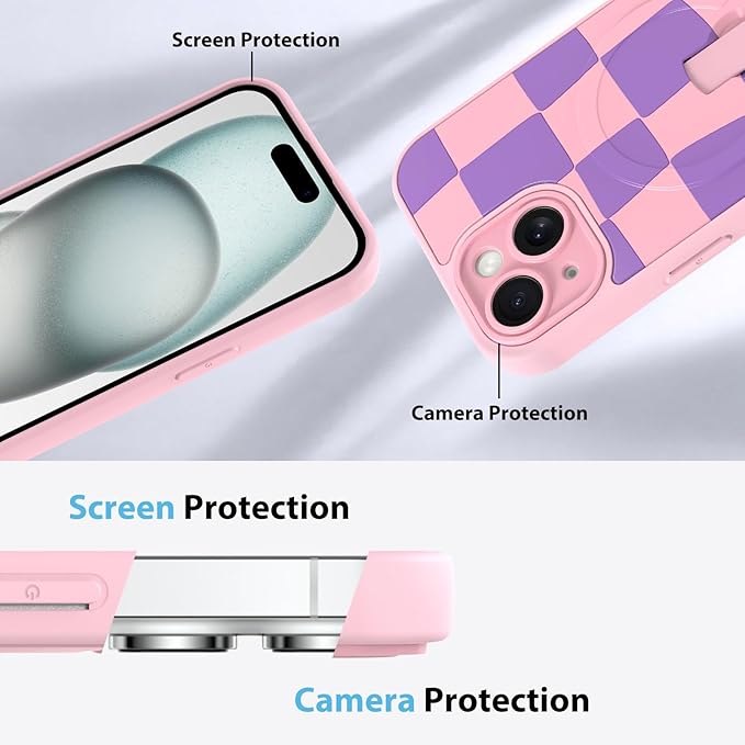 KANGHAR Compatible with iPhone 15 Case, Support for MagSafe, Silicone Checkered Cute Pattern, Wristband Kickstand Camera Protection Soft Slim Cover for Girls Women -Pink