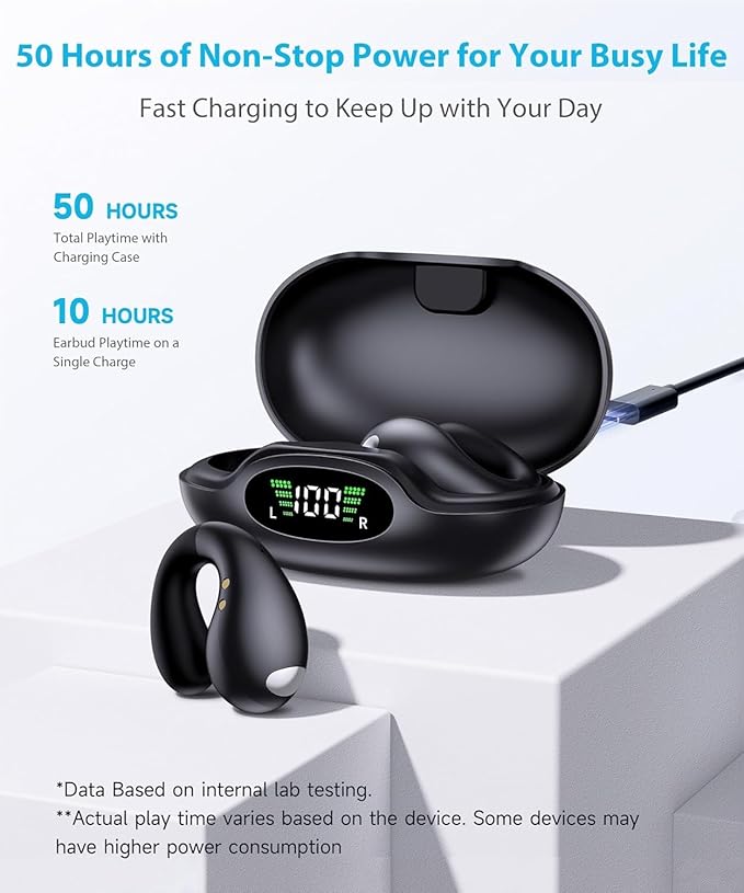 Boytond Ultra Open Ear Earbuds - Comfortable Clip-On Bone Conduction Earbuds, Over-The-Ear Open Headphones with Waterproof Build for Running, Gym Workouts, and Outdoor Sports, Classic Black