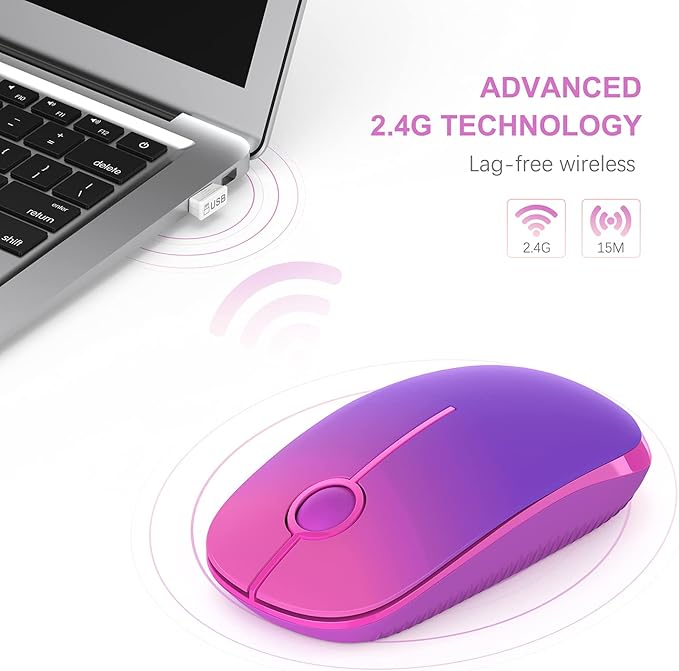 Unipows Wireless Mouse - 2.4G Slim Portable Computer Mouse with Nano Receiver, Less Noise Mobile Optical Mice for Notebook, PC, Laptop, Computer, Mac (Gradient Purple)