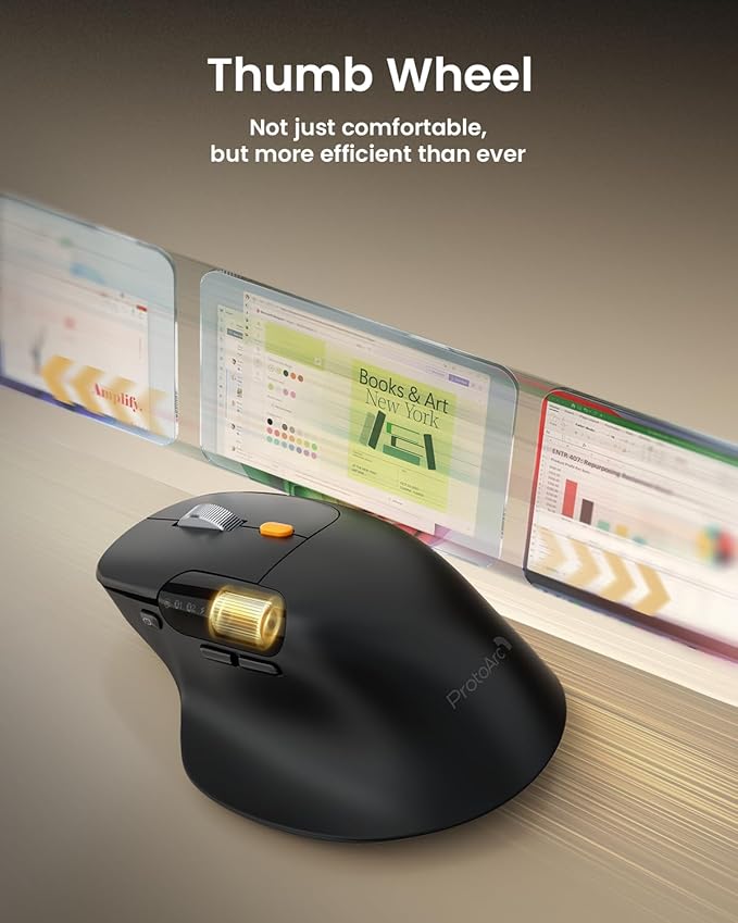ProtoArc Ergonomic Wireless Mouse, EM25 Ultra-Fast Scrolling & Side Scroll, Customizable Bluetooth Rechargeable Mouse, 8000 DPI for Medium to Large Hands, Compatible with Windows/Mac/Android, Black