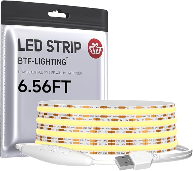 BTF-LIGHTING FCOB COB FOB LED Strip Lights 5V USB Powered 6.56FT 640LEDs Cool White 6000K 8mm Width Dimmable CRI 90+ with 3M Tape Flexible High Density for 3D Printer TV Backlight PC DIY Decor