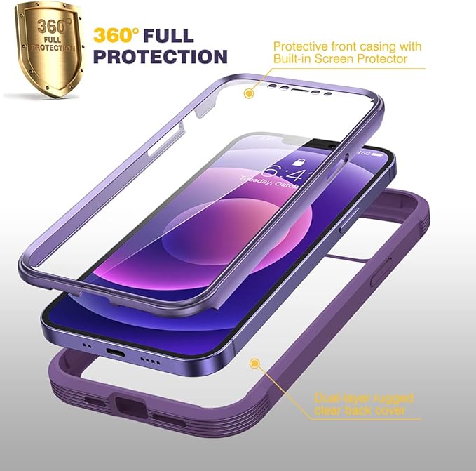 Diaclara Designed for iPhone 12 Mini Case, Full Body Rugged with Built-in Touch Sensitive Anti-Scratch Screen Protector, Soft TPU Bumper Case for iPhone 12 Mini 5.4" (Purple and Clear)
