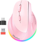 MEETION Left-Handed Mouse, Ergonomic Mouse Wireless Vertical Mouse, RGB Rechargeable Mice for Bluetooth(5.2 + 3.0) & USB-A with Type-c Adapter 4 Adjustable DPI for Mac/Windows/PC/Tablet/iPad Pink