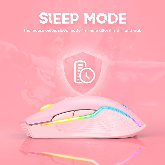 RGB Wireless Gaming Mouse, Pink, Rechargeable, Ergonomic Design, Adjustable DPI, Compatible with Windows, Mac