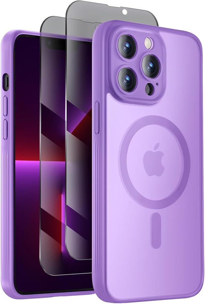 Symcele Designed for iPhone 13 Pro Case, Compatible with MagSafe, with Privacy Screen Protectors X2, [Camera Protection] [15FT Military Drop Protection] Shockproof Phone Case, 6.1", Light Purple