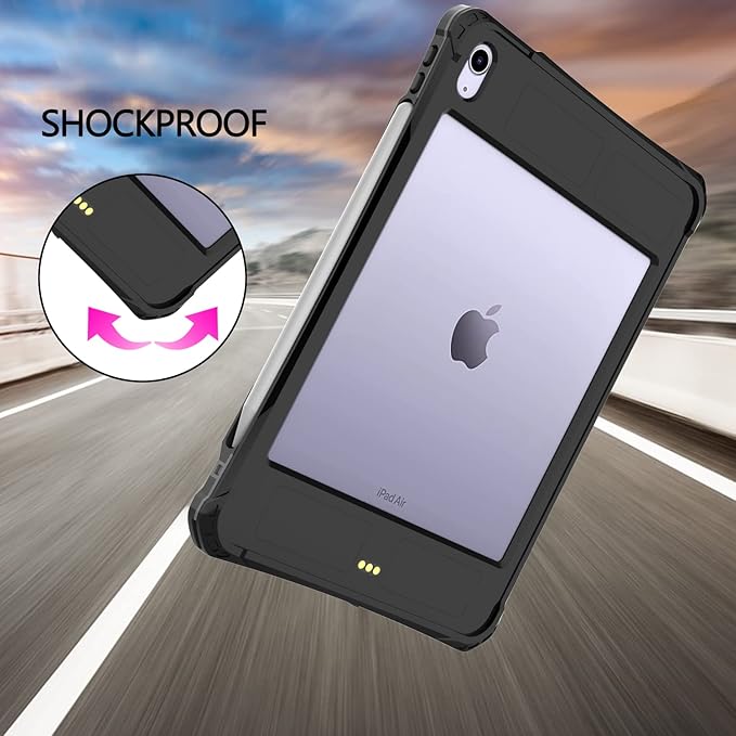 Waterproof Case Compatible with iPad Air 11inch (M2)/5th/4th Gen 10.9inch, Full Body Protective Case with Screen Protector, Pencil Holder, Kickstand, Strap, Shockproof, Dustproof Cover Black