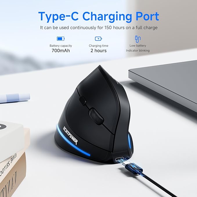 ECHTPower Wireless Bluetooth Mouse, Ergonomic Mouse with LED Light, Tri-Mode BT5.0+BT5.0+2.4GHz, Vertical Mouse Adjustable DPI 2400/1600/1000, Rechargeable Mice for PC, Laptop, Mac, Window