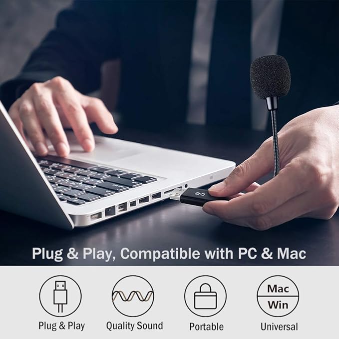Mini USB Microphone for Laptop and Desktop Computer, with Gooseneck & Universal USB Sound Card, Compatible with PC and Mac, Plug & Play, Ideal Condenser Mic for Remote Work, Online Class