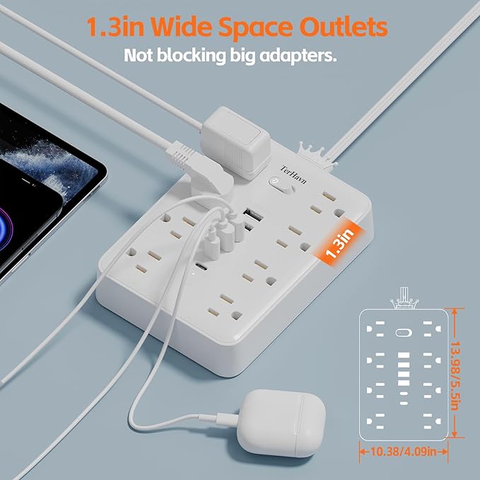 Extension Cord Flat Wall Plug with Surge Protector & 8 Outlets 6 USB Ports – 15A 1875W Power Strip for Home Office Dorm Room – 10ft Flat Cord in White – MCSCN