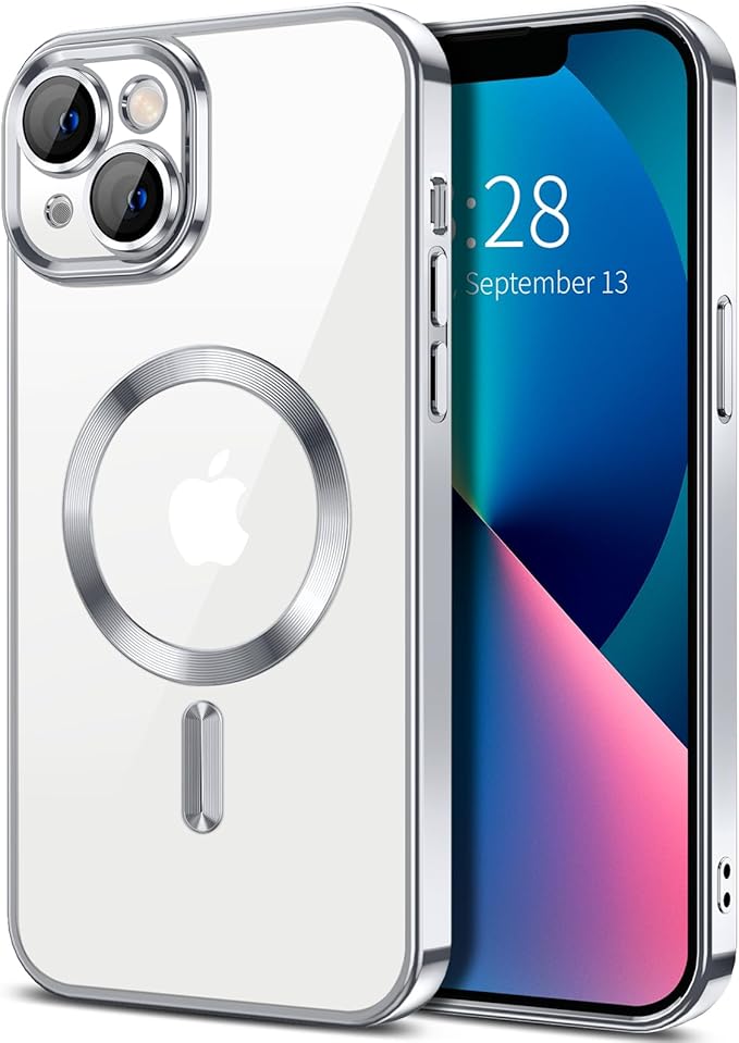Hython Magnetic Clear for iPhone 13 Case with Camera Lens Protector [Compatible with MagSafe] Luxury Plating Edge Slim Soft TPU Cover Protective Phone Case for iPhone 13 6.1", Silver