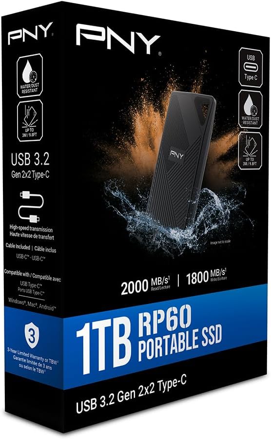 PNY RP60 1TB Portable SSD - Up to 2000MB/s, USB-C, USB 3.2 Gen2x2 - Rugged, IP65 Rated, Water/Dust/Drop Resistant - External Solid-State Drive - PSD0CS3060-1TB-RBA