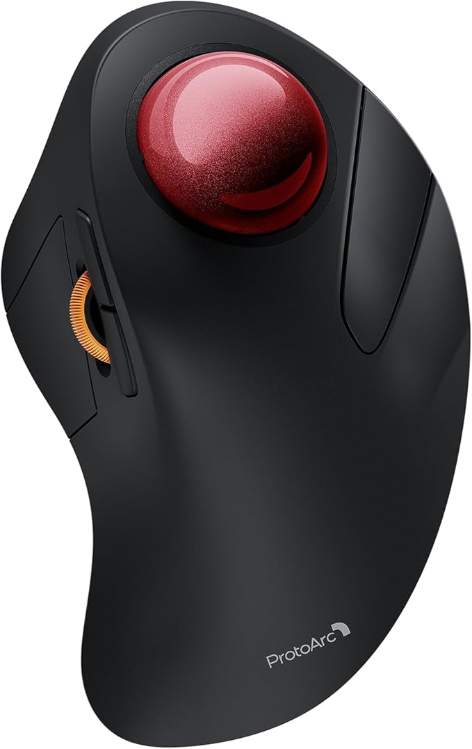 ProtoArc Wireless Bluetooth Trackball Mouse, EM03 NL Ergonomic Rollerball Mouse Rechargeable Computer Mice, 3 Device Connection, Compatible with PC, iPad, Mac, Windows-Red Ball