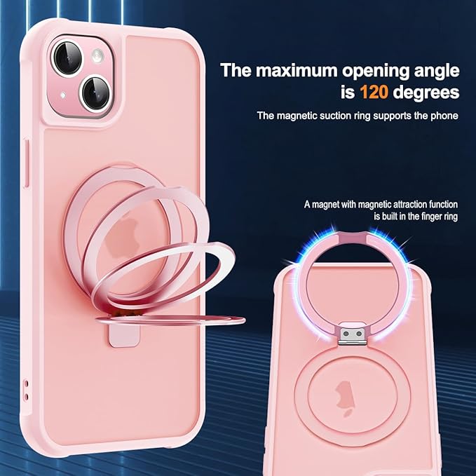SKYLMW Compatible with iPhone 13 Case & iPhone 14 Case with Invisible Magnetic O-Ring Stand Translucent Phone Cases for 13 & 14 6.1" [Compatible with Mag-Safe][Great Grip Feeling], Pink