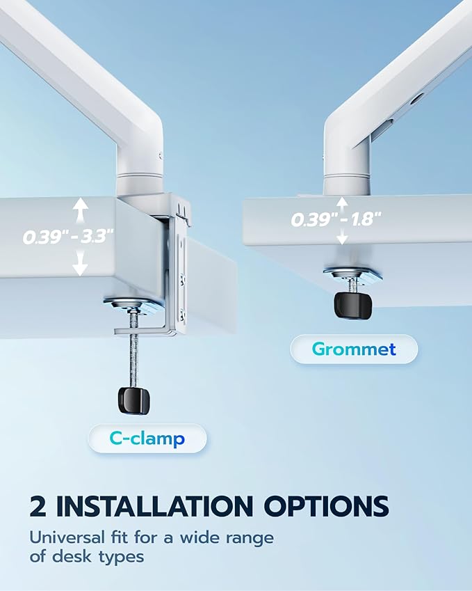 ARES WING Heavy Duty Single Monitor Arm - Fully Adjustable Monitor Mount for 17"-40" Ultrawide Screens up to 26.4 lbs with Clamp/Grommet Desk Mount, 75/100 Vesa Mount, White