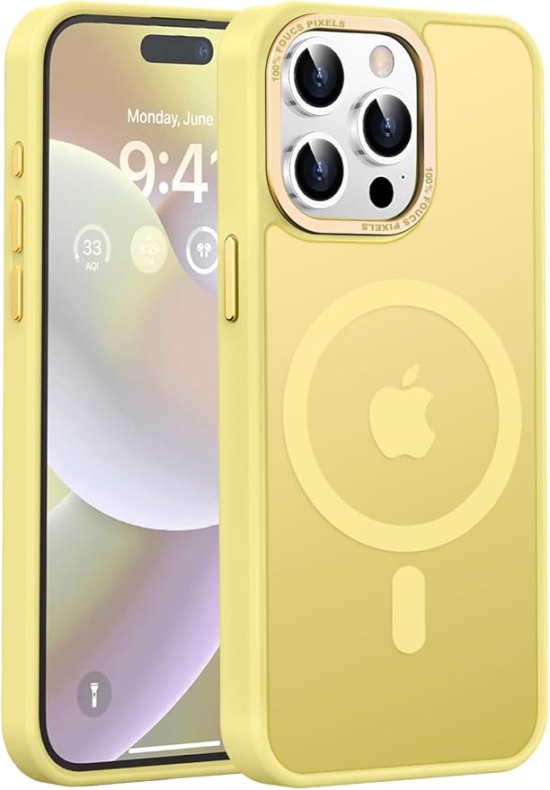 Newfuture Magnetic for iPhone 15 Pro Case [Compatible with Magsafe] [Military Grade Drop Protection] Translucent Matte Anti-Fingerprint Shockproof Phone Case for iPhone 15 Pro 6.1 inch, Yellow