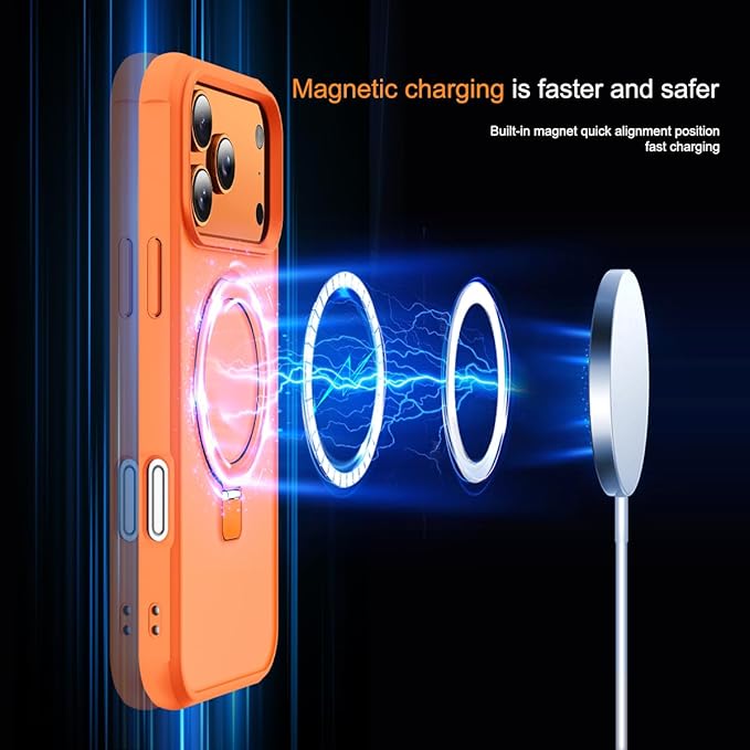 SKYLMW Compatible with iPhone 17 Pro Max Case with Invisible Magnetic O-Ring Stand Military-Grade Translucent Case for iPhone 17 ProMax 6.9" [Compatible with Mag-Safe][Great Grip Feeling],Orange