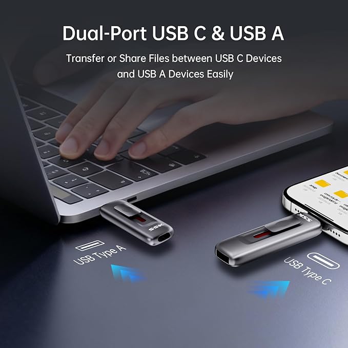SSK SSD 2TB External Hard Drive,Fast Solid State Thumb-Drive up to 560 MB/s Read Speed Memory Stick with Sliding Dual USB 3.2 Gen 2 FlashDrive USB-C+A for iPhone 15/16/17/Android/Windows/Tablet/TV