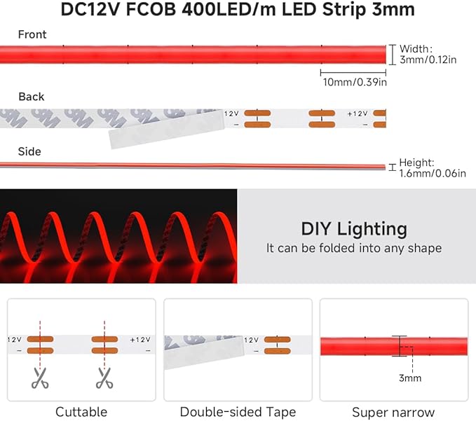 BTF-LIGHTING FCOB COB 3mm Width UL Listed Super Narrow Flexible Uniform LED Strip Light Red Color 16.4FT DC12V CRI 90+ Dimmable LED Ribbon for Kitchen Home Indoor Decor(No Adapter or Controller)