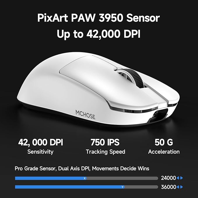 MCHOSE L7 Ultra+ Wireless Gaming Mouse, Lightweight 48g, Ergonomic Mouse with 42K DPI, PAW3950, Optical Switch, 20000 FPS, Dual 8K Polling, 7 Programmable Buttons, 3-Mode Connect, PC/Mac - White
