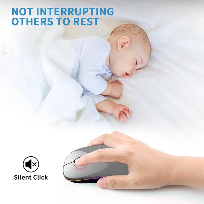 Wireless Bluetooth Mouse, Rechargeable, LED, Silent, Ultra-thin Design (Bluetooth 5.2 and 2.4GHz USB Receiver) | Portable Computer Mouse for Laptops, iPads, MacBooks and Apple Devices (Grey)