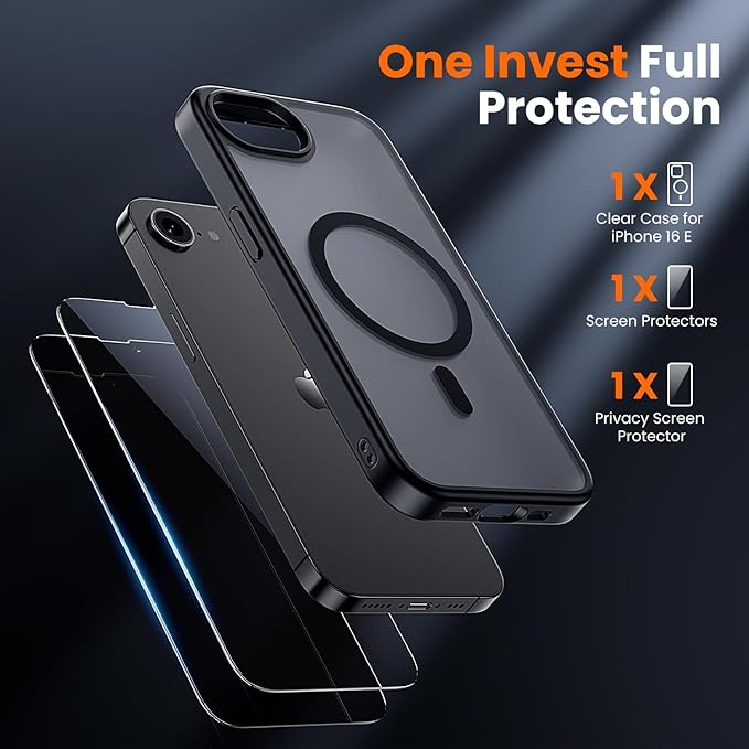 toushion 3 in 1 for iPhone 16E Case/iPhone 17E Case, Screen Protector*2,Matte Skin Feeling Back Cover Military-Grade Protection for iPhone 16e & 17e Case 6.1 inch Matte Black