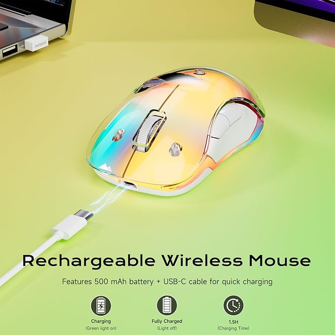 memzuoix 2.4G LED Wireless Mouse, Rechargeable Ergonomic Mouse with Detachable Cover, 1400 DPI Portable Optical Computer Mouse with USB Receiver for Laptop, PC, Desktop and MacBook, 5 Buttons-Yellow