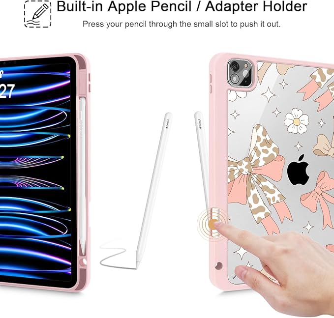 Tuiklol for iPad Pro 12.9 Inch 6th/5th/4th/3rd Generation 2022 2021 2020 2018 Case,Built-in Pencil Holder Clear Transparent Protective Back Shell Cover with Auto Sleep/Wake, Leopard Bow Gary