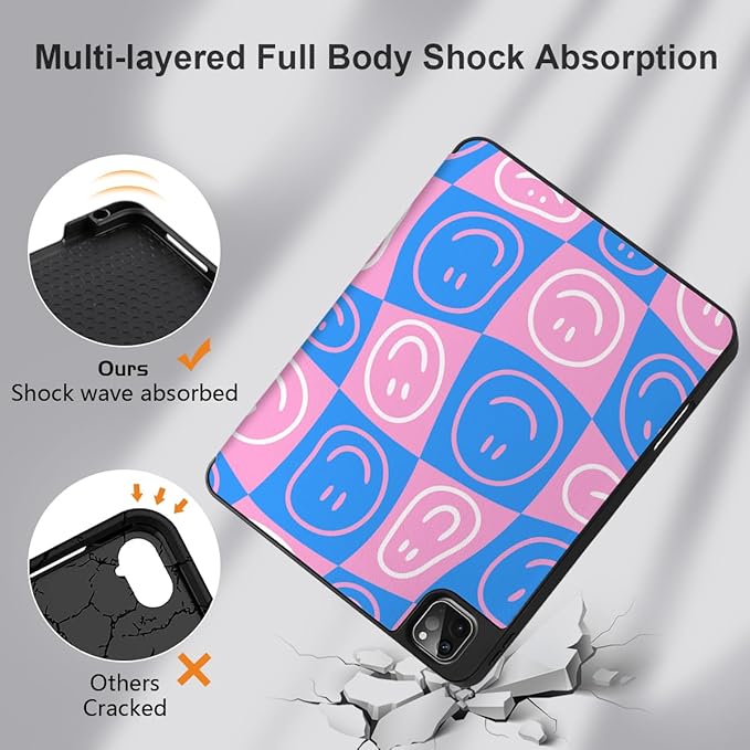 MEEgoodo Case for iPad Pro 12.9 Case M2 6th/5th/4th/3rd Generation 2022 2021 2020 2018, Protective Tablet Cover with Soft Back Shell for Kids, Smiling Faces & Checkered
