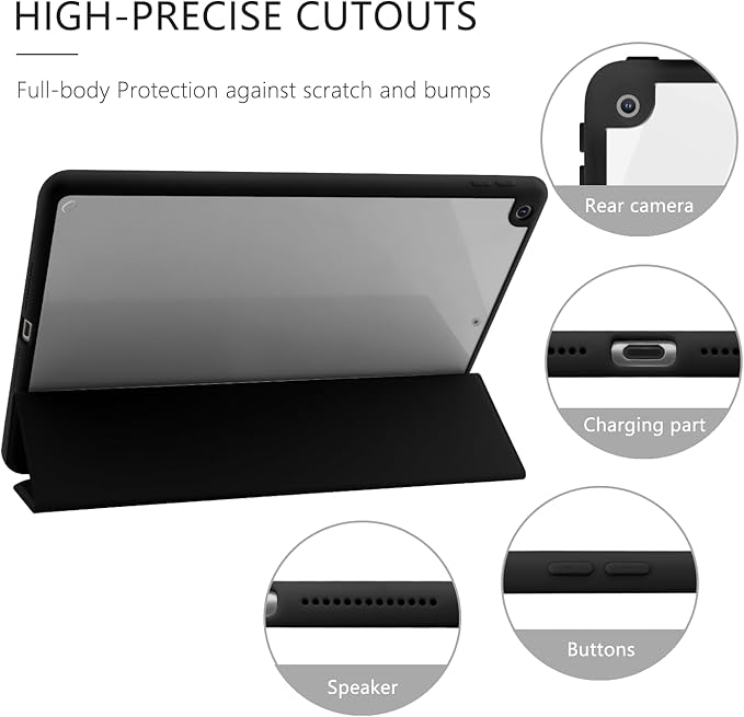 JOYLAND Blue Bow Pattern Case for 9.7" iPad 5th/6th Generation（2017/2018）,Clear Acrylic Hard Back Black Case with Pencil Holder Trifold Stand Tablet Cover (Model Number:A1822 A1823 A1893 A1954)