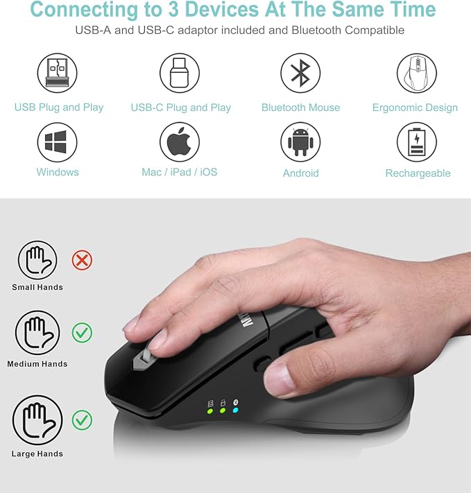 Arteck Multi-Device Wireless Bluetooth Mouse with Nano USB-A, USB-C Receiver Ergonomic Right Hand Silent Clicking Rechargeable Mouse for Computer Desktop PC Laptop Mac iPad and Windows 11/10 iPad OS