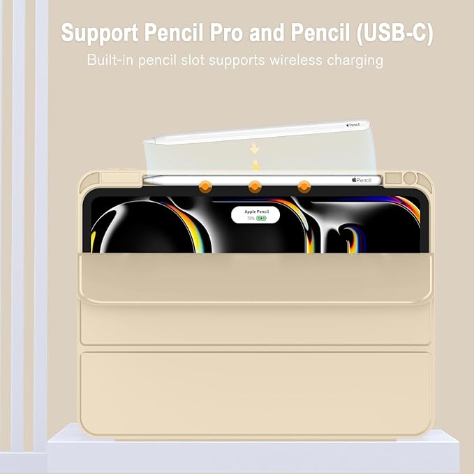ZryXal iPad Pro 11 Inch Case (M5) 2025/ (M4) 2024 (Model: A2836/A2837/A3006), Trifold Stand Smart Cover with Pencil Holder and Soft TPU Back, Auto Wake/Sleep (Champagne Gold)