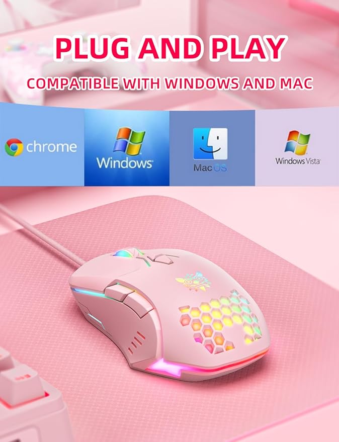Wired PC Gaming Mouse: High Precision Sensor,RGB Backlit, Adjustable DPI, 7 Buttons Programmable,Ergonomic mice for Office & Gaming on Windows/Mac/Linux/Chrome- Pink