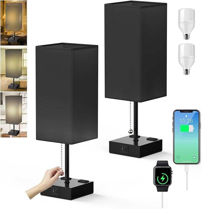 YIDPU Table Lamp for Bedroom with USB,Bedside Lamp with USB C+A Charging Ports,Adjustable 3color LED Light for Home Decor/Nightstand/Office,Included Bulb and Fabric Lamp Shade (Linen Black, 2PCS)