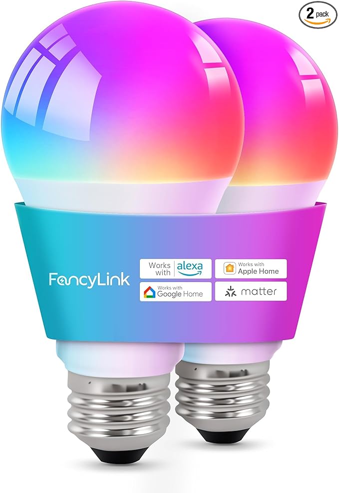 Matter Smart Light Bulbs, Color Changing Light Bulb, hub Required, A19 60W,2.4Ghz WiFi only,Compatible with Alexa Google Assistant, Apple Home,16 Million Colors RGBCW 800 Lumen,2 Pack