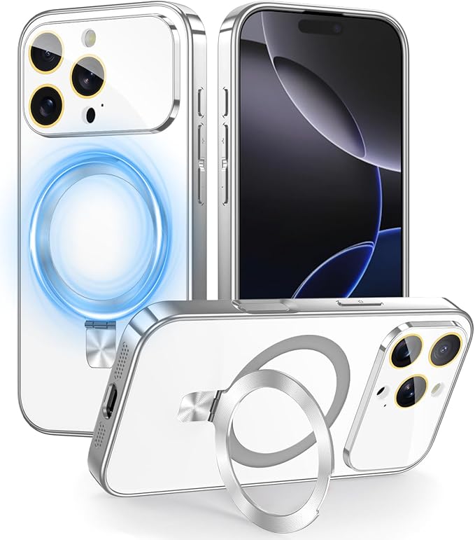 TOBOVON Magnetic for iPhone 16 Pro Case with Ring Stand, Fits MagSafe, with Built-in Camera Lens Protector, Slim Electroplated Shockproof Phone Cover, Silver