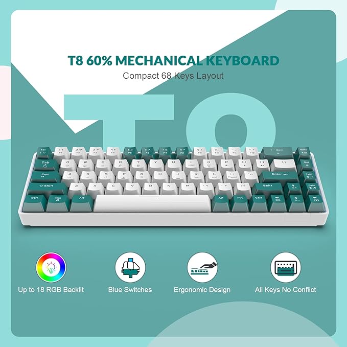 ZIYOU LANG RK-T8 Wired 65% Mechanical Gaming Keyboard with RGB LED Backlit Anti-ghosting TKL Mini 68 Key Custom Coiled C to A Cable Tactile Blue Switch for PS4 PS5 Xbox PC Mac Gamer(Green/White)