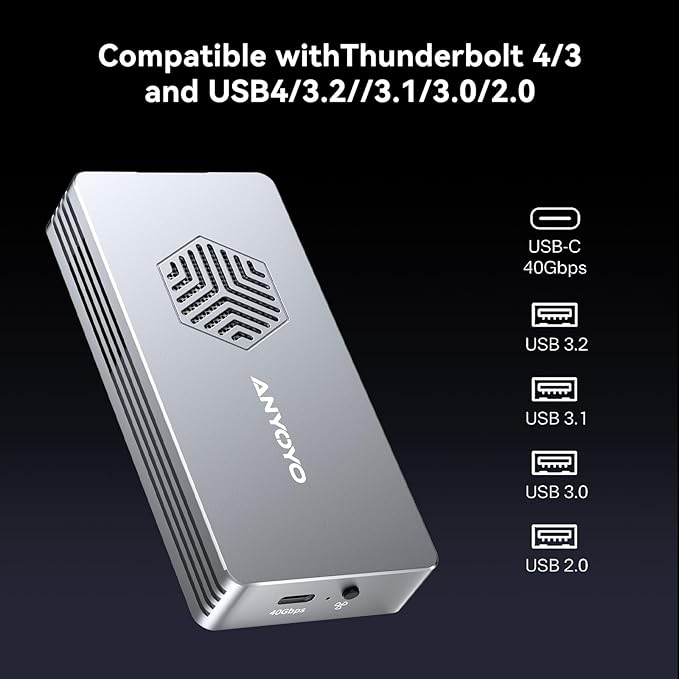 ANYOYO 40Gbps M.2 NVMe SSD Enclosure with Cooling Fan, Aluminium Alloy Enclosure Compatible with Thunderbolt 4/3/USB4, Support M/B+M Key SSD, Tool-Free Installation