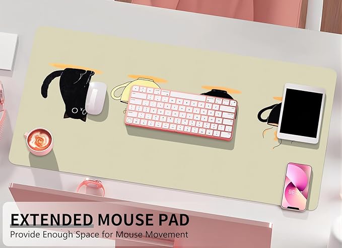 Bloss Leather Mouse Pad,Beige Anime Large Desk Pad, Cute Kawaii Cartoon Cat Desk Mats for Keyboard and Mouse,Clearance Overstock Limited Stock Discontinued Size 31.5" x 15.7"