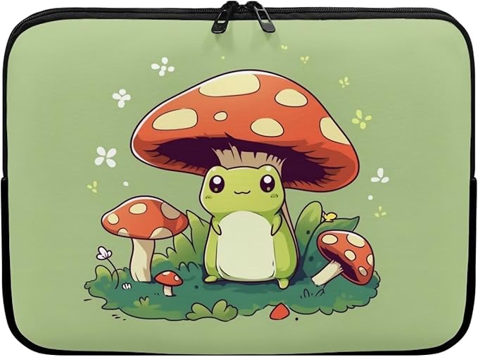 Cute Frog Laptop Protective Sleeve for Women Men 10 Inch Computer Sleeve Neoprene Laptop Bag Mushroom Lap Top Case Suitable for Travel School Office Organizers Green