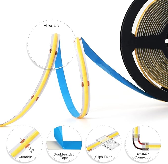 BTF-LIGHTING FCOB COB LED Strip 528LED/m Flexible High Density Uniform Light 14W/m 16.4FT DC12V Warm White 3000K CRI 90+ 10mm Width for Home Indoor Decoration(No Adapter or Controller)