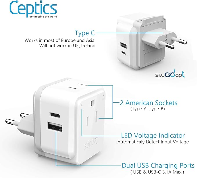 Ceptics World Power Plug Adapter Set, Dual USB & USB-C 3.1A, 20W with QC-PD, 2 USA Outlet Compact & Powerful, Use In Europe, Asia, Australia, Japan, Includes Type A, B, C, E/F, G, I SWadAPt Attachment