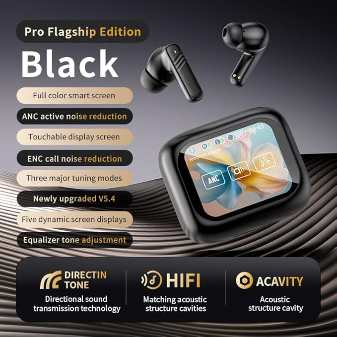 Touch screen earbuds Wireless Earbuds - Active Noise Cancelling Earbuds ANC with Smart Touch Screen - Ear Earbuds with Wireless Charging Case LED Display Deep Bass Earphones Headset with Built (Black)