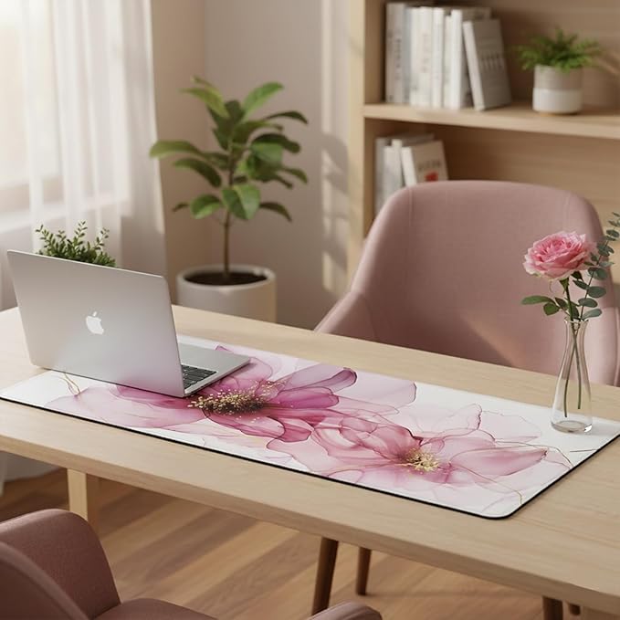 XL Abstract Floral Mousepad (35.4 x 15.7 Inch), Extra Large Pink Fluid Art Desk Mat, Dreamy Rose & Gold Vein Pattern, Waterproof Gaming Keyboard Surface, Aesthetic Table Cover